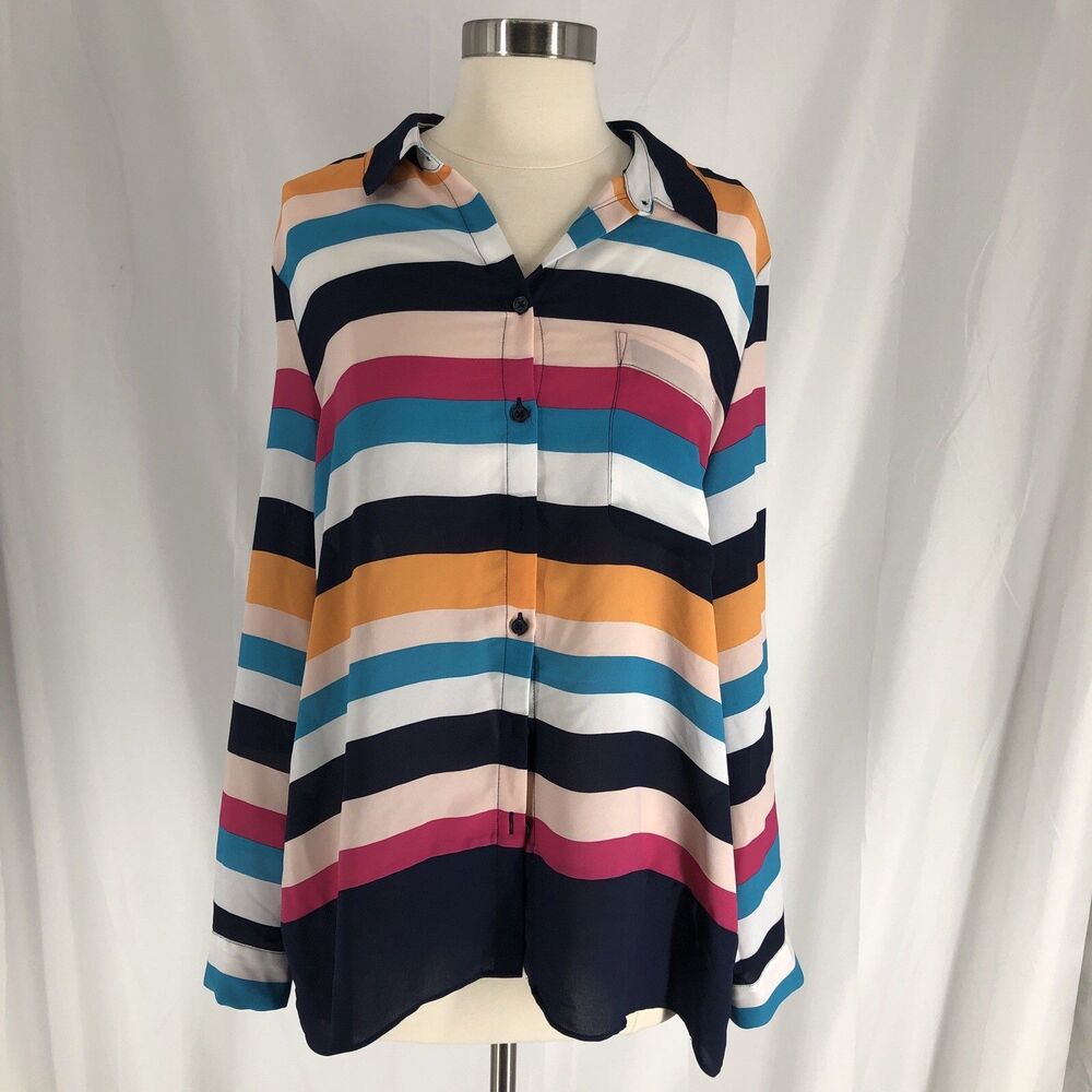 Chico’s Button Up Blouse Sheer Size 2 US Sz 12 Multi color Stripes